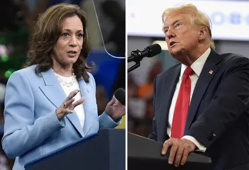 This combination of photos taken at campaign rallies in Atlanta shows Vice President Kamala Harris on July 30, 2024, left, and Republican presidential candidate former President Donald Trump on Aug. 3. Trump and Harris held the dueling rallies four days apart, but the dynamics showcased how deeply divided the American electorate is. The Harris crowd was majority Black and female. Trump's crowd was overwhelmingly white. They listened to different music. They heard wildly different arguments on im