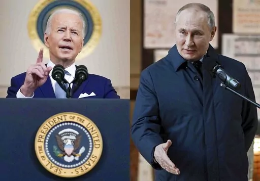 President Joe Biden announces Judge Ketanji Brown Jackson as his nominee to the Supreme Court at the White House in Washington on  Feb. 25, 2022, left, and President Vladimir Putin speaks during a visit to the construction site of the National Space Agency at Khrunichev State Research and Production Space Centre, in Moscow, Russia, on Feb. 27, 2022. The invasion of Ukraine has rapidly returned echoes of a Cold War mentality to the United States, with a familiar foe in Russia. (AP Photo)