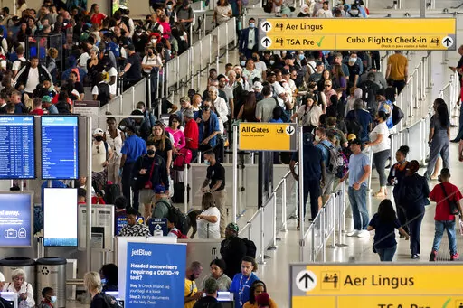 People wait in a TSA line at the John F. Kennedy International Airport in New York, Tuesday, June 28, 2022. With summer vacations winding down, airlines are counting on the return of more business travelers to keep their pandemic recovery going into fall 2022. Air travel in the United States, bolstered by huge numbers of tourists, has nearly recovered to pre-pandemic levels. Business travel, however, remains about 25% to 30% below 2019 levels, according to airlines and outfits that track sales. 
