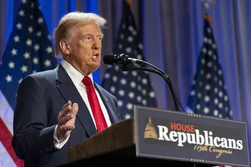 President-elect Donald Trump speaks at meeting of the House GOP conference, Nov. 13, 2024, in Washington. (AP Photo/Alex Brandon, File)