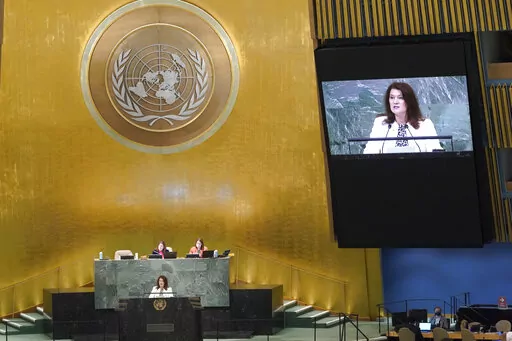 Foreign Minister of Sweden Ann Christin Linde addresses the 77th session of the United Nations General Assembly, Saturday, Sept. 24, 2022 at U.N. headquarters. (AP Photo/Mary Altaffer)