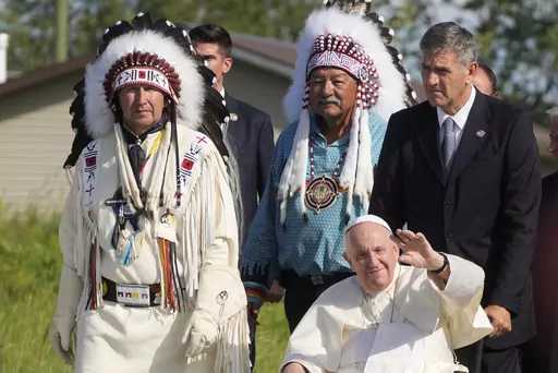 Pope Francis arrives for a pilgrimage at the Lac Saint Anne, Canada, on July 26, 2022. The Vatican on Thursday, March 30, 2023, responded to Indigenous demands and formally repudiated the “Doctrine of Discovery,” the theories backed by 15th-century “papal bulls” that legitimized the colonial-era seizure of Native lands and form the basis of some property law today. (AP Photo/Gregorio Borgia, File)