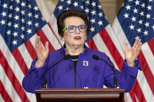 Tennis legend and equality rights advocate Billie Jean King, speaks at a Women's History Month event honoring women athletes in celebration of the 50th Anniversary of Title IX, March 9, 2022, on Capitol Hill in Washington. As the nation celebrates the 50th anniversary of Title IX, a new poll finds Americans are split on how much progress has come from the landmark women's rights law. (AP Photo/Jacquelyn Martin, File)