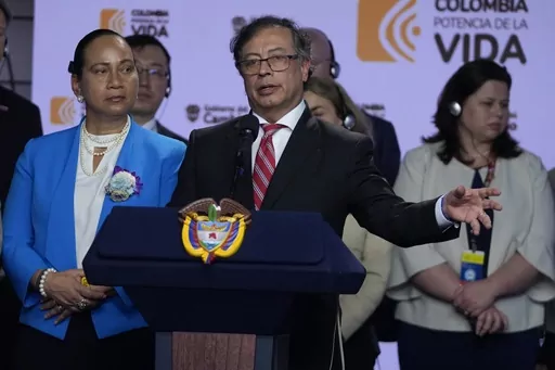 Colombia's President Gustavo Petro attends a press conference with members of UN Security Council after a meeting at the Presidential Palace in Bogota, Colombia, Thursday, Feb. 8, 2024. President Petro on Sunday, March 18 2024, suspended a ceasefire with one of a handful of armed groups with which he hoped to negotiate peace accords, saying its fighters violated the truce by attacking an Indigenous community.(AP Photo/Fernando Vergara, File)