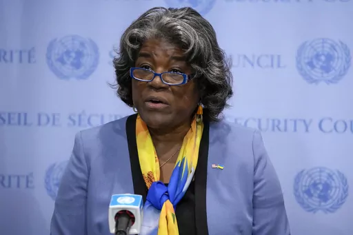 FILE -Linda Thomas-Greenfield, United States Ambassador to the United Nations, speaks after a meeting of the United Nations Security Council to discuss the war in Ukraine, Thursday, Aug. 24, 2023, at United Nations headquarters. The United States and its allies clashed Friday, Aug. 25, 2023 with North Korea, Russia and China over Pyongyang’s failed attempts to launch a spy satellite and who is responsible for escalating tensions on the Korean Peninsula. U.S. Ambassador Linda Thomas-Greenfield 