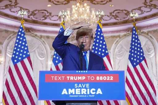 Former President Donald Trump speaks at Mar-a-lago on Election Day, Nov. 8, 2022, in Palm Beach, Fla. Trump faces his most urgent legal challenge in New York, where he’s set to be arraigned this week on charges arising from hush money payments during his 2016 campaign. But other investigations outside Manhattan are pressing forward, underscoring the broad range of peril he confronts as he seeks to reclaim the presidency. (AP Photo/Andrew Harnik, File)