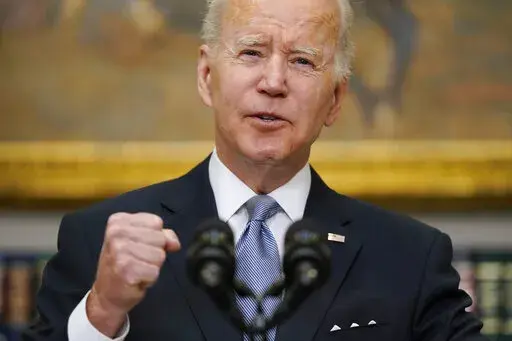 President Joe Biden speaks on the Russian invasion of Ukraine, in the Roosevelt Room of the White House, Thursday, April 21, 2022, in Washington. Biden has an election year message for frustrated voters: at least he’s trying. For those who think the president isn’t doing enough to help Ukraine fend off the Russian invasion, Biden announced $800 million in new military support on Thursday. (AP Photo/Evan Vucci)