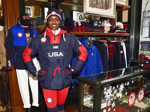 Bobsledder Aja Evans models the Team USA Beijing winter Olympics opening ceremony uniforms designed by Ralph Lauren on Wednesday, Jan. 19, 2022, in New York. (Photo by Evan Agostini/Invision/AP)