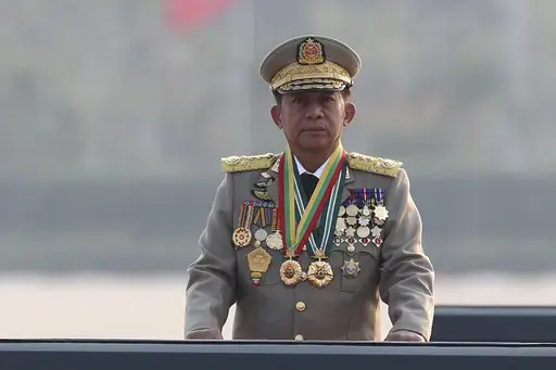 Senior Gen. Min Aung Hlaing, head of the military council, inspects officers during a parade to commemorate Myanmar's 78th Armed Forces Day in Naypyitaw, Myanmar, on March 27, 2023. (AP Photo/Aung Shine Oo, File)