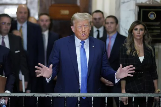 Former President Donald Trump speaks outside the courtroom after testifying at New York Supreme Court, Monday, Nov. 6, 2023, in New York. (AP Photo/Eduardo Munoz Alvarez)