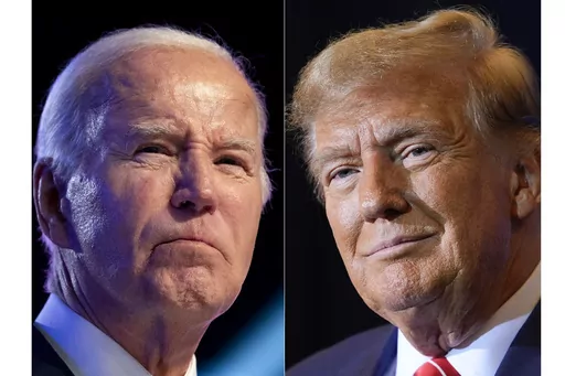 This combo image shows President Joe Biden, left, Jan. 5, 2024, and Republican presidential candidate former President Donald Trump, right, Jan. 19, 2024. Biden and Trump hope to clinch their parties' presidential nominations with dominant victories in a slate of low-profile state primaries as the 2024 fight for the White House lurches into a new phase. (AP Photo, File)