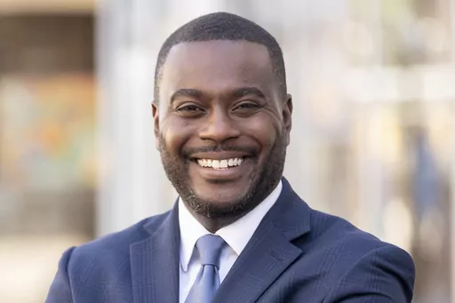 In this photo provided by the Amo Campaign, Gabe Amo, a Democratic candidate for U.S. House Rhode Island District 1, poses on April 8, 2023. Primaries will be held Sept. 5 for the seat vacated by Democratic Rep. David Cicilline's resignation. (Amo Campaign via AP)