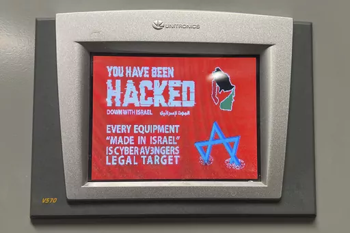 This photo provided by the Municipal Water Authority of Aliquippa shows the screen of a Unitronics device that was hacked in Aliquippa, Pa., Saturday, Nov. 25, 2023. The hacked device was in a pumping booster station owned by the Municipal Water Authority of Aliquippa. An electronic calling card left by the hackers suggests they picked their target because it uses components made by an Israeli company. (Municipal Water Authority of Aliquippa via AP)