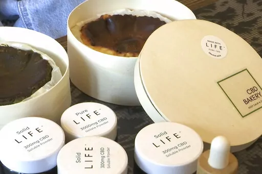 In this image made from a video, cheesecakes made with CBD, CBD powder and water-soluble CBD sold by the CBD Bakery online shop are seen in Hong Kong, Monday, Jan. 30, 2023. Hong Kong banned cannibidiol, also known as CBD, as a "dangerous drug" and imposed harsh penalties for possession on Wednesday, forcing fledging businesses to shut down and revamp. (AP Photo/Alice Fung)