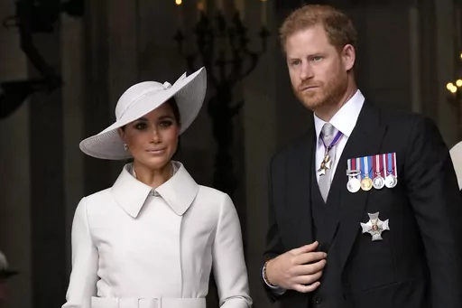 Prince Harry and Meghan Markle, Duke and Duchess of Sussex leave after a service of thanksgiving for the reign of Queen Elizabeth II at St Paul's Cathedral in London, Friday, June 3, 2022 on the second of four days of celebrations to mark the Platinum Jubilee. Prince Harry and his wife Meghan announced Wednesday, March 8, 2023 that their daughter had been christened in a private ceremony in California, publicly calling her a princess and revealing for the first time that they will use royal titl