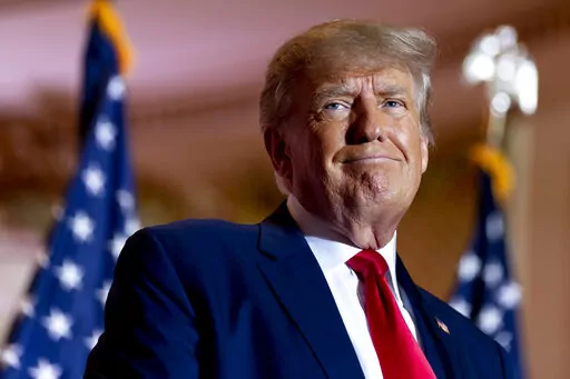 Former President Donald Trump announces he is running for president for the third time at Mar-a-Lago in Palm Beach, Fla., Nov. 15, 2022. Trump had dinner Tuesday, Nov. 22, 2022, at his Mar-a-Lago club with the rapper formerly known as Kanye West, who is now known as Ye, as well as Nick Fuentes, a far-right activist who has used his online platform to spew antisemitic and white supremacist rhetoric. (AP Photo/Andrew Harnik, File)