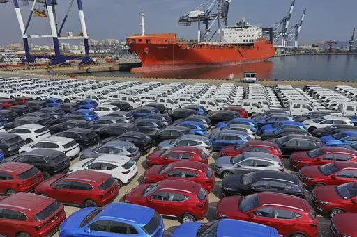 Aerial view of a ro-ro terminal for vehicle shipment in Yantai in eastern China's Shandong province, Thursday, April 3, 2025. (Chinatopix Via AP) CHINA OUT