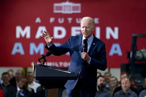President Joe Biden speaks at United Performance Metals in Hamilton, Ohio, May 6, 2022. As the challenges confronting Biden intensify, his predictions of a rosy political future for the Democratic Party are growing bolder. The assessments, delivered in speeches, fundraisers and conversations with friends and allies, seem at odds with a country that he acknowledged this week was “really, really down,” burdened by a pandemic, surging gas prices and spiking inflation. (AP Photo/Andrew Harnik, F