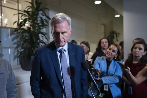 Speaker of the House Kevin McCarthy, R-Calif., briefs reporters following a closed-door Republican Conference meeting on how to agree on a path to funding the government, at the Capitol in Washington, Tuesday, Sept. 19, 2023. McCarthy has turned to a strategy that has so far preserved his tenuous hold on House leadership but also marked it by chaos. He is facing a fast-approaching government shutdown that threatens to disrupt life for millions of Americans. (AP Photo/J. Scott Applewhite, File)