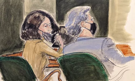 In this courtroom sketch, Ghislaine Maxwell, left, pulls down her mask to talk to one of her lawyers, Jeffrey Pagliuca, during Maxwell's sex trafficking trial, Monday, Dec. 27, 2021, in New York. (AP Photo/Elizabeth Williams)