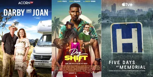 This combination of photos shows promotional art for "Darby and Joan," a series premiering Aug. 8 on Acorn, left, "Day Shift," a film premiering Aug. 12 on Netflix, center, and “Five Days at Memorial," a limited series premiering Aug. 12 on Apple TV+. (Acorn TV/Netflix/Apple TV+ via AP)