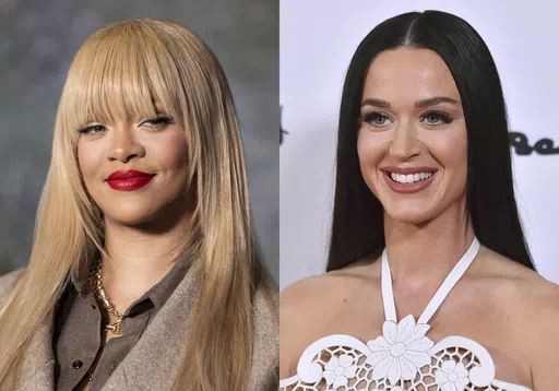 This combination of AP file photos shows Rihanna at the FENTY x PUMA Creeper Phatty Earth Tone sneaker launch party in London on April 17, 2024, left, and Katy Perry at the 35th Annual Colleagues Spring Luncheon and Oscar de la Renta Fashion Show in Beverly Hills, Calif., on April 25, 2024. (AP Photo)