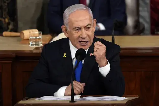 Israeli Prime Minister Benjamin Netanyahu speaks to a joint meeting of Congress at the Capitol in Washington, Wednesday, July 24, 2024. (AP Photo/Julia Nikhinson)