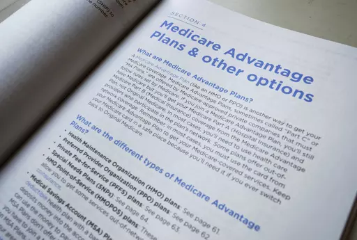 This Nov. 8, 2018 file photo shows a page from the 2019 U.S. Medicare Handbook in Washington. Only 3 in 10 Medicare beneficiaries shop around during open enrollment, according to a 2022 analysis, and only 1 in 10 Medicare Advantage enrollees voluntarily switch plans. But a 2020 analysis of Medicare Advantage plan choices found that more than half of beneficiaries overspent by more than $1,000 due to poor plan selection. (AP Photo/Pablo Martinez Monsivais, File)