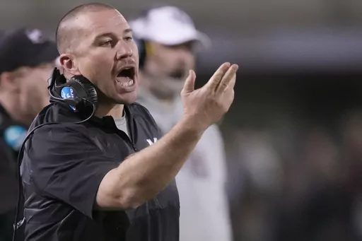 Mississippi State coach Zach Arnett protests an official's call during the second half of the team's NCAA college football game against Kentucky in Starkville, Miss., Saturday, Nov. 4, 2023. Mississippi State fired coach Zach Arnett on Monday, Nov. 13, 2023, just 10 games into his first season on the job as the late Mike Leach's replacement.(AP Photo/Rogelio V. Solis, File)