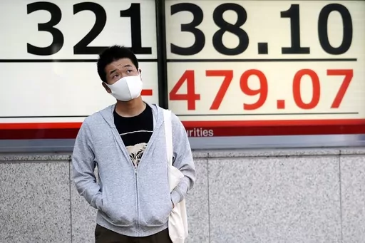 A person stands in front of an electronic stock board showing Japan's Nikkei 225 index at a securities firm Tuesday, Oct. 17, 2023, in Tokyo. Asian shares advanced Tuesday after U.S. stocks rallied as investors unwound some of last week’s moves driven by worries about war in the Middle East. (AP Photo/Eugene Hoshiko)