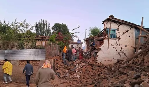This handout photo provided by Nepal Prime Minister's Office shows an earthquake-affected area in northwestern Nepal, Saturday, Nov. 4, 2023. Helicopters and ground troops rushed to help people hurt in a strong earthquake that shook northwestern Nepal districts just before midnight Friday, killing more than 100 people and injuring dozens dozens more, officials said Saturday. (Nepal Prime Minister's Office via AP)