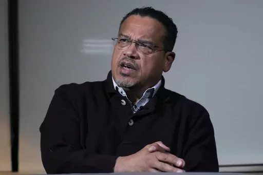 Keith Ellison, Attorney General of Minnesota, answers a question during an interview at the State Attorneys General Association meetings , Wednesday, Nov. 15, 2023, in Boston. In exclusive sit-down interviews with The Associated Press, several Black Democrat attorneys general discuss the role race and politics plays in their jobs. (AP Photo/Charles Krupa)
