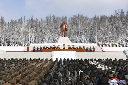 In this photo provided by the North Korean government, a meeting is held to celebrate the 80th birth anniversary of North Korea's late leader Kim Jong Il in Samjiyon City, North Korea  Tuesday, Feb. 15, 2022. Independent journalists were not given access to cover the event depicted in this image distributed by the North Korean government. The content of this image is as provided and cannot be independently verified. Korean language watermark on image as provided by source reads: "KCNA" which is 