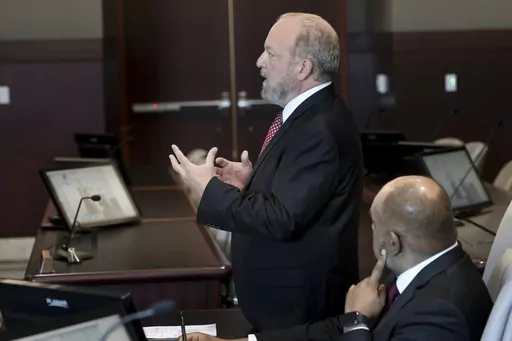 Clark County Chief Deputy District Attorney Marc DiGiacomo announces an indictment in the 1996 murder of rapper Tupac Shakur during a court hearing in Las Vegas on, Sept. 29, 2023. More than a decade of accounts by Duane “Keffe D” Davis about orchestrating the killing of hip-hop music icon are strong evidence to prevent his release to house arrest ahead of his trial in June, prosecutors in Las Vegas said Thursday, Dec. 28, 2023. (K.M. Cannon/Las Vegas Review-Journal via AP, File)