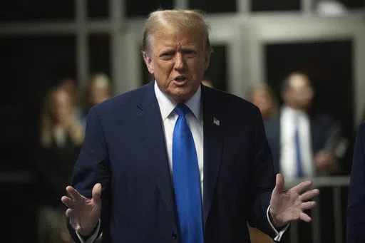 Former president Donald Trump speaks to the media after the first day of opening arguments in his trial at Manhattan Criminal Court for falsifying documents related to hush money payments, in New York, NY, on Monday, April 22, 2024. The former President is expected to spend the next 6 or so weeks in attendance at his trial for falsification of business records, to cover up payments to Stormy Daniels, an adult film star who allegedly had an encounter with the President before he was in office. Ph