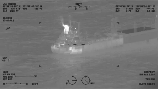 This image provided by the U.S. Coast Guard shows a reported fire aboard the 410-foot cargo vessel Genius Star XI, approximately 200 miles southwest of Dutch Harbor, Alaska, Dec. 29, 2023. The fire in the large cargo ship's hold was out Saturday, Dec. 30, after days of burning, according to the U.S. Coast Guard. (Lt.Cmdr. Michael Salerno/U.S. Coast Guard via AP, File)