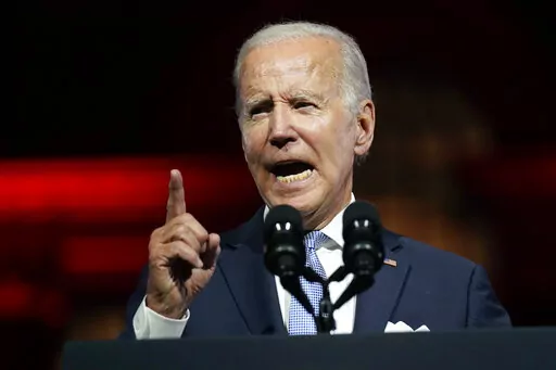 President Joe Biden speaks outside Independence Hall, Thursday, Sept. 1, 2022, in Philadelphia. (AP Photo/Evan Vucci)