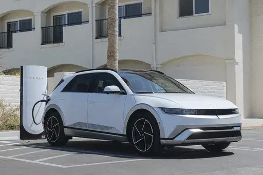 This photo provided by Hyundai shows a 2025 Hyundai Ioniq 5. The all-electric Ioniq 5 is one of the first vehicles to come with a Tesla-style charge port, allowing owners to charge at Tesla's nationwide network of Supercharger stations. (Courtesy of Hyundai Motor America via AP)