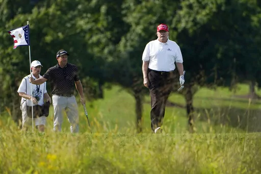 Former President Donald Trump plays golf at Trump National Golf Club in Sterling, Va., Tuesday, Sept. 13, 2022. (AP Photo/Manuel Balce Ceneta)