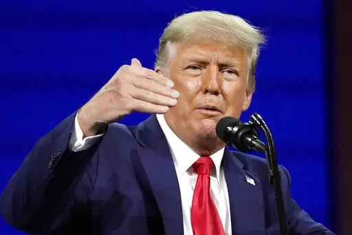 Former president Donald Trump speaks at the Conservative Political Action Conference (CPAC) Sunday, Feb. 28, 2021, in Orlando, Fla.  Trump’s messaging app challenging Twitter launched Monday, Feb. 21, 2022,  as he seeks a new digital stage free of big tech limits on speech a year after his social media ban.(AP Photo/John Raoux, File)