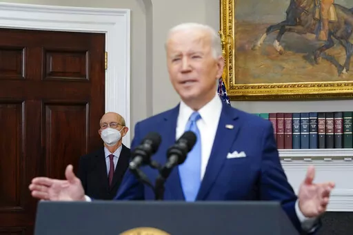 President Joe Biden speaks on the retirement of Supreme Court Associate Justice Stephen Breyer, left, in the Roosevelt Room of the White House in Washington, on Jan. 27, 2022. Americans are starkly divided by race on the importance of Biden's promise to nominate a Black woman to the Supreme Court. A new poll finds that white Americans are far less likely to be highly enthusiastic about the idea than Black Americans — and especially Black women. (AP Photo/Andrew Harnik, File