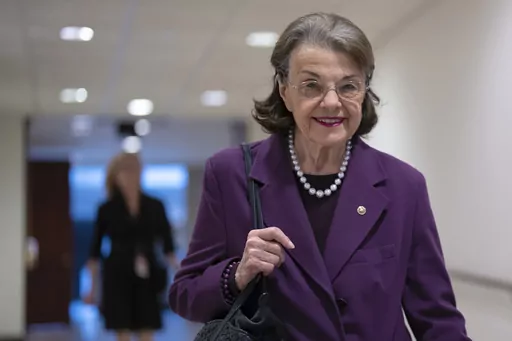 Sen. Dianne Feinstein, D-Calif., leaves a classified briefing on China, at the Capitol in Washington, Wednesday, Feb. 15, 2023. Democrats’ efforts to temporarily replace Feinstein on the Senate Judiciary Committee met quick opposition Monday, April 17, from some Republicans, potentially complicating the plan even as some of President Joe Biden’s judicial nominees remain on hold during her extended medical absence. Feinstein, 89, last week asked to be temporarily replaced on the Senate Judici