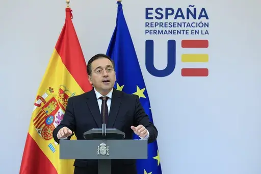 Spain's Foreign Minister Jose Manuel Albares Bueno addresses a media conference prior to talks on the Middle East in Brussels, on May 27, 2024. Spain says it will ask a United Nations court for permission to join South Africa’s case accusing Israel of genocide in Gaza. Spain is the first European country to take the step after South Africa filed its case with the International Court of Justice late last year. It alleged that Israel was breaching the genocide convention in its military assault 