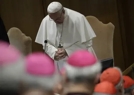 Pope Francis prays at the beginning of the third day of a Vatican's conference on dealing with sex abuse by priests, at the Vatican, Saturday, Feb. 23, 2019. Five years ago this week, Francis convened an unprecedented summit of bishops from around the world to impress on them that clergy abuse was a global problem and they needed to address it, but now, five years later, despite new church laws to hold bishops accountable and promises to do better, the Catholic Church's in-house legal system and