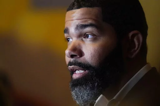 Jackson, Miss., Mayor Chokwe Antar Lumumba speaks with reporters about the efforts underway to deliver a sustainable water system for Jackson residents following a roundtable discussion with community leaders and residents, Nov. 15, 2022, at Jackson State University. Lumumba said Monday, Jan. 30, 2023, legislation that would create a separate court system run by unelected judges in part of Mississippi’s capital city is racially motivated. (AP Photo/Rogelio V. Solis, File)