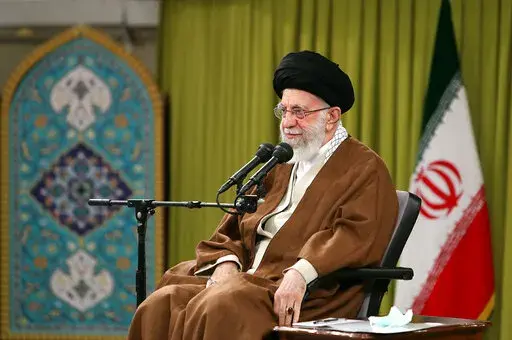 In this picture released by the official website of the office of the Iranian supreme leader, Supreme Leader Ayatollah Ali Khamenei speaks during a meeting with a group of Basij paramilitary force in Tehran, Iran, Saturday, Nov. 26, 2022. Iran's supreme leader praised paramilitary volunteers tasked with quashing dissent on Saturday in a televised address as dozens of eye doctors warned that a rising number of demonstrators have been blinded by security forces during anti-government protests. The