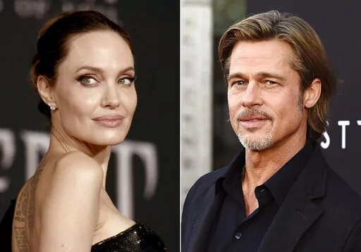 This combination photo shows Angelina Jolie at a premiere in Los Angeles on Sept. 30, 2019, left, and Brad Pitt at a special screening on Sept. 18, 2019. A new court filing from Angelina Jolie alleges that on a 2016 flight, Brad Pitt grabbed her by the head and shook her then choked one of their children and struck another when they tried to defend her. The descriptions of abuse on the private flight came in a countersuit Jolie filed Thursday in the couple’s dispute over a winery they co-owned