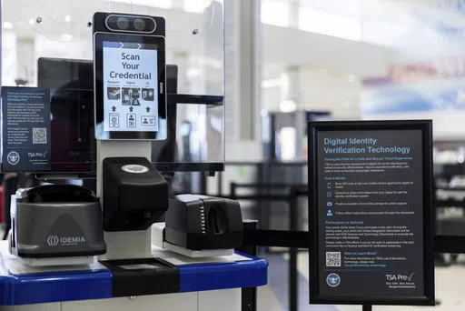 The Transportation Security Administration's new facial recognition technology is seen at a Baltimore-Washington International Thurgood Marshall Airport security checkpoint, April 26, 2023, in Glen Burnie, Md. A bipartisan group of senators wants restrictions on the use of facial recognition technology by the TSA, saying they're concerned about travelers' privacy and civil liberties.(AP Photo/Julia Nikhinson, File)