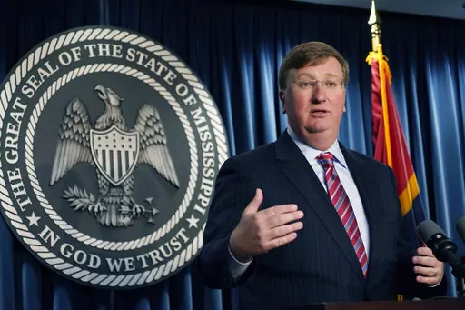 Mississippi Gov. Tate Reeves announces the state-imposed boil-water notice has been lifted in Mississippi's capital city after nearly seven weeks during a Sept. 15, 2022, news conference in Jackson, Miss. Reeves responded Monday, Nov. 7, to a congressional probe into the crisis that left 150,000 people in the state's capital city without running water for several days in late summer. (AP Photo/Rogelio V. Solis, File)