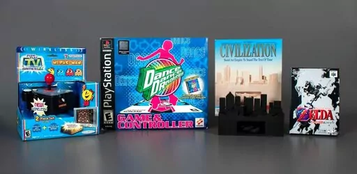 This photo provided by World Video Game Hall of Fame shows  Ms. Pac-Man, Dance Dance Revolution, Sid Meier's Civilization andThe Legend of Zelda: Ocarina of Time.  More than 40 years after blazing a trail for female video game characters, Ms. Pac-Man was inducted Thursday, May 5, 2022, into the World Video Game Hall of Fame, alongside Dance Dance Revolution, The Legend of Zelda: Ocarina of Time and Sid Meier's Civilization.    (World Video Game Hall of Fame via AP)